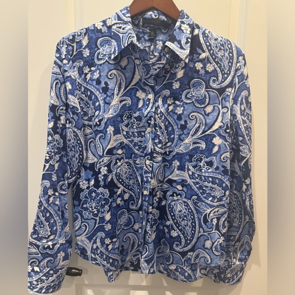 Lauren by Ralph Lauren Women’s Blue Paisley Print Button Down Blouse - Picture 1 of 3